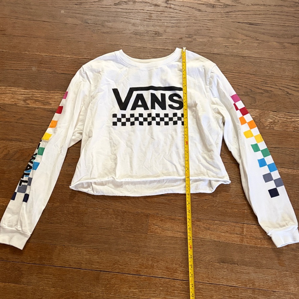 Vans White Crop Long Sleeve Tee with Rainbow Checkerboard Sleeves
